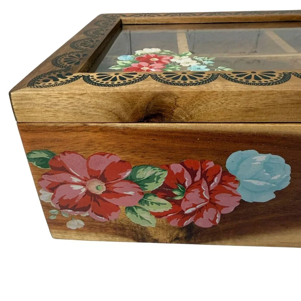 THE PIONEER WOMAN Wooden Tea Box Organizer Country Vintage Floral 8 Compartments - Picture 10 of 16
